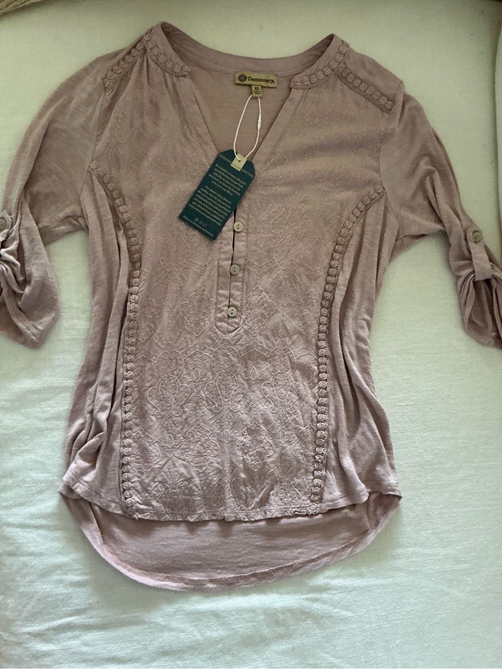 Democracy Embroidered Blouse Lace Trim Roll Tab Sleeve Top Size XS NWT